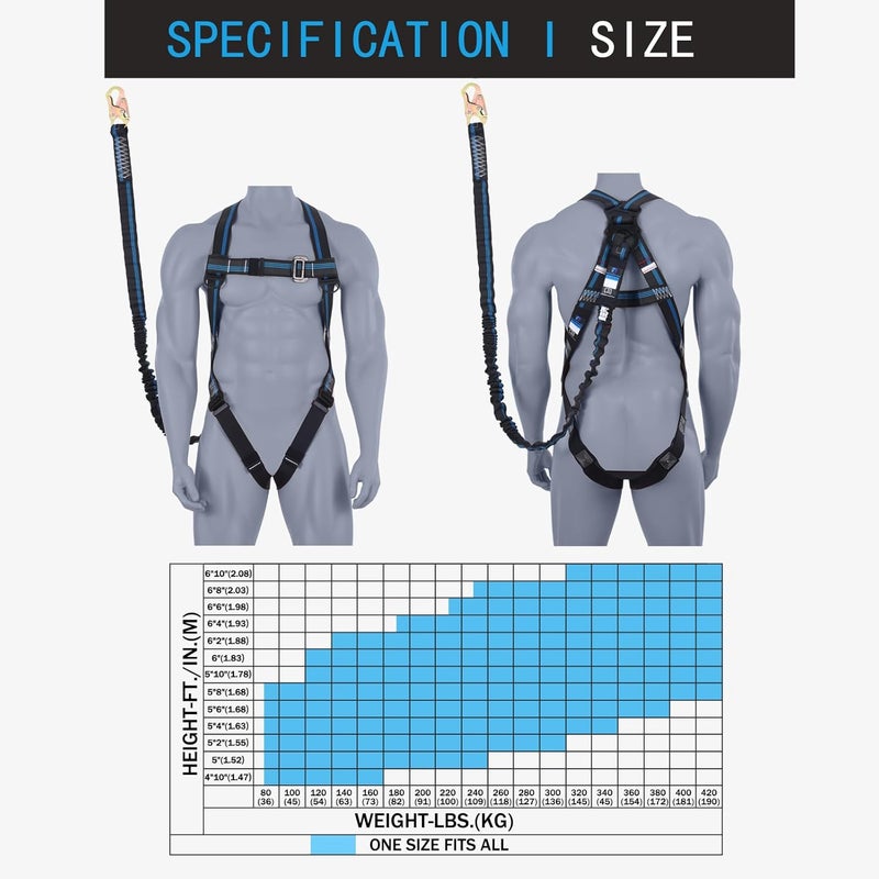 FHFallArrest Safety Harness Fall Protection Kit - 3 Pt Full Body Safety Harness with 6 FT Internal Shock Absorbing Lanyard & Snap Hook, for Roofing Construction & Scaffolding Use, ANSI OSHA Compliant - Image 4